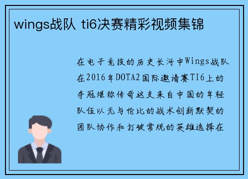 wings战队 ti6决赛精彩视频集锦