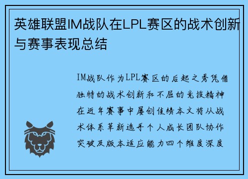 英雄联盟IM战队在LPL赛区的战术创新与赛事表现总结